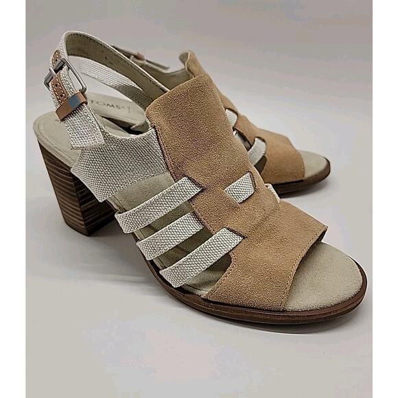 TOMS Womens Majorca Tan Suede Canvas Heeled Sandals Sz 9.5 Minimalist Comfy EUC - Picture 1 of 13
